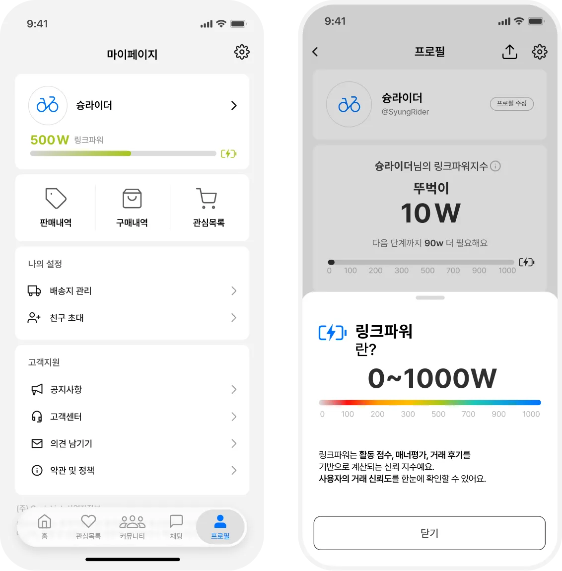마이페이지의 링크파워 화면과 링크파워 지수 안내 화면